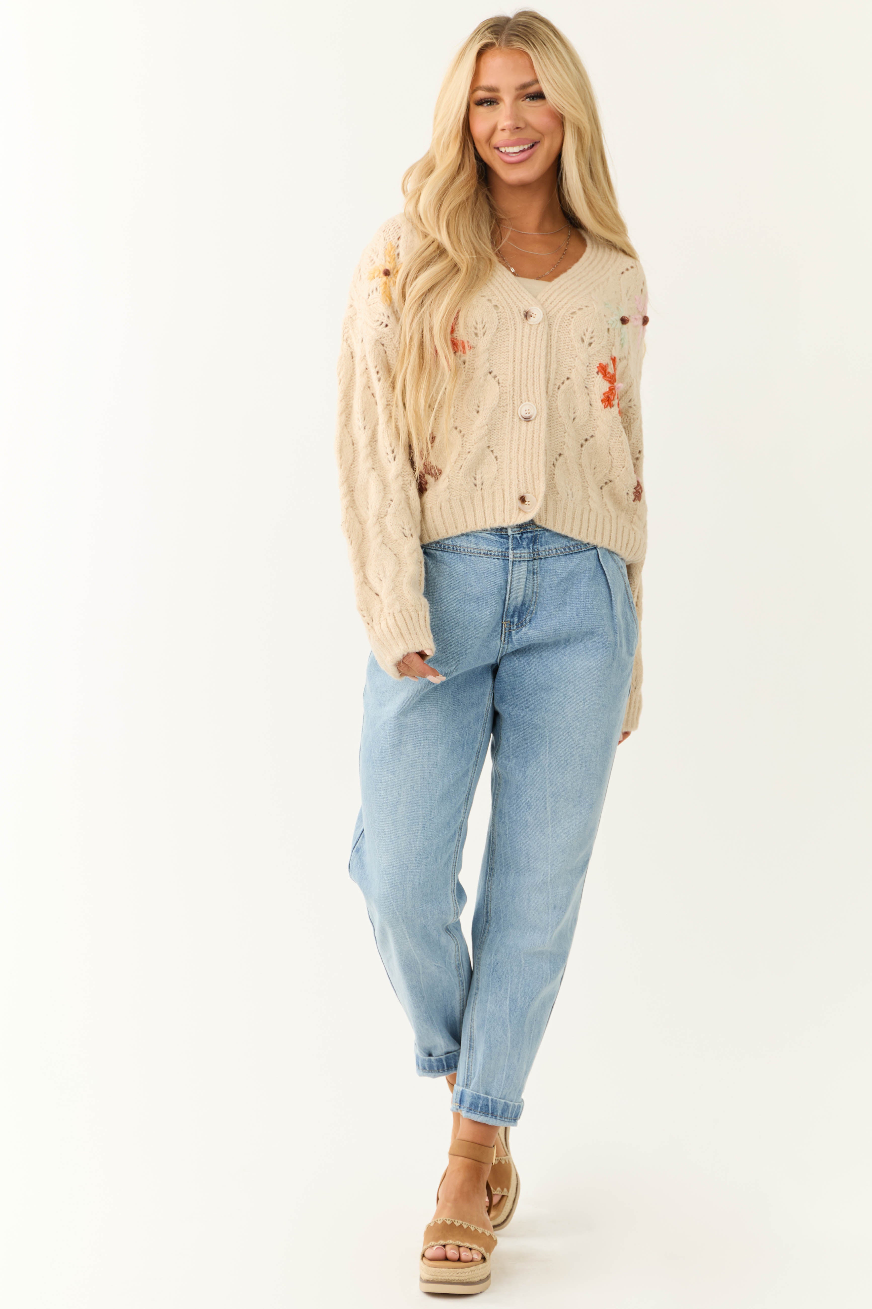 Sand Button Down Floral Embroidered Cardigan