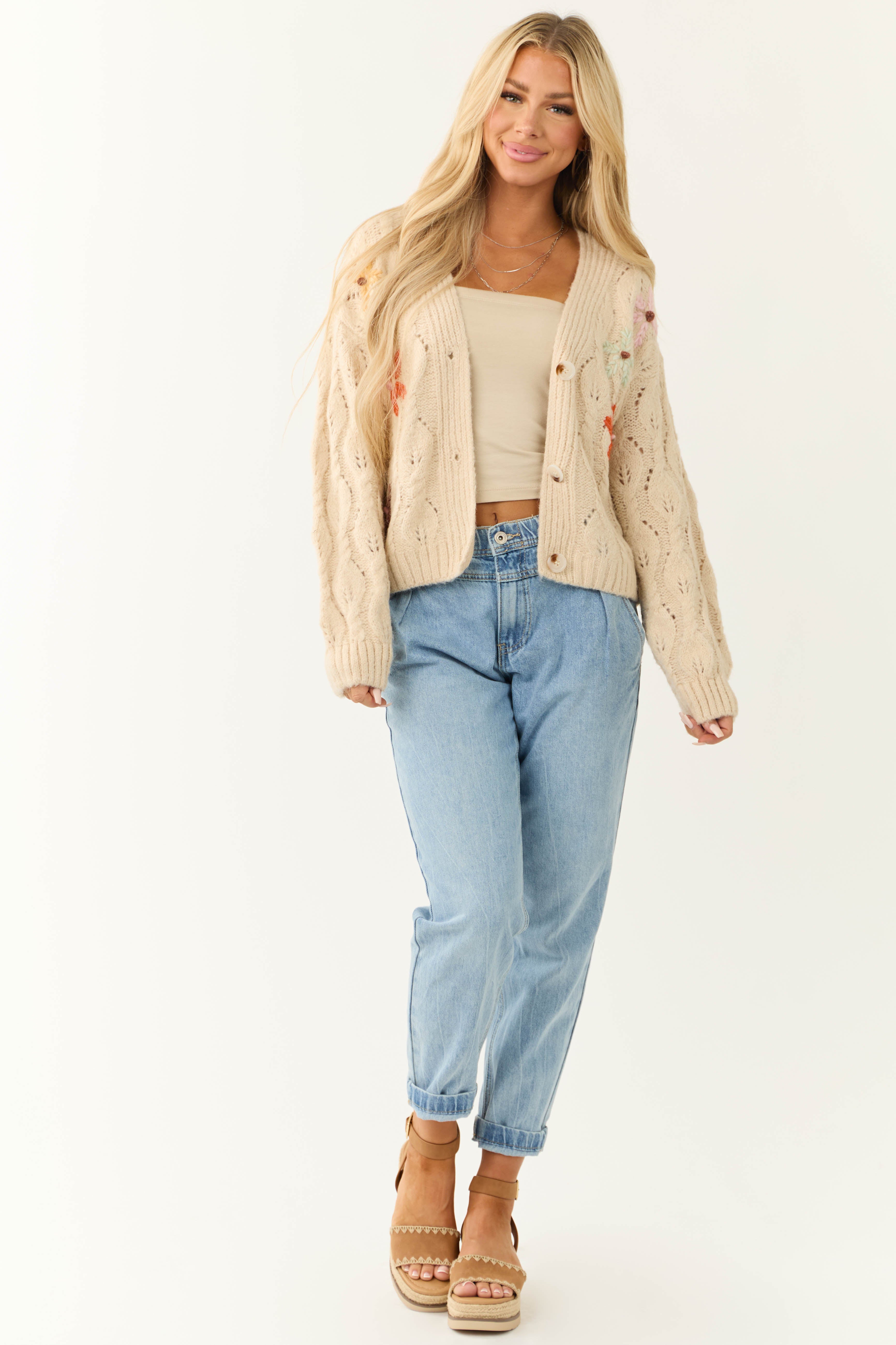 Sand Button Down Floral Embroidered Cardigan