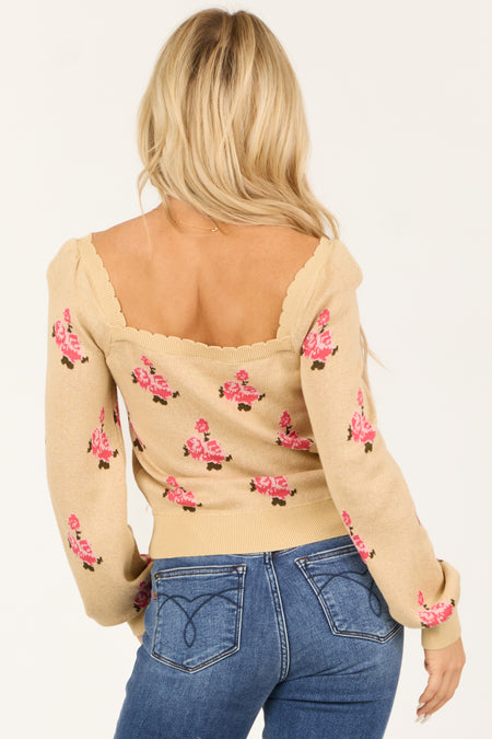 Sand Floral Print Long Sleeve Scalloped Sweater