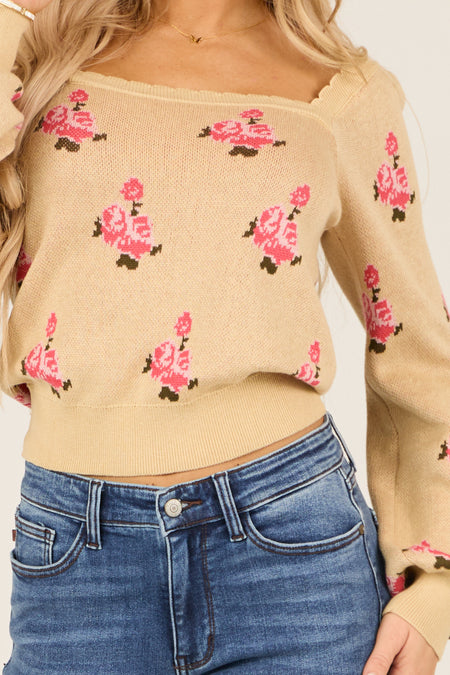 Sand Floral Print Long Sleeve Scalloped Sweater