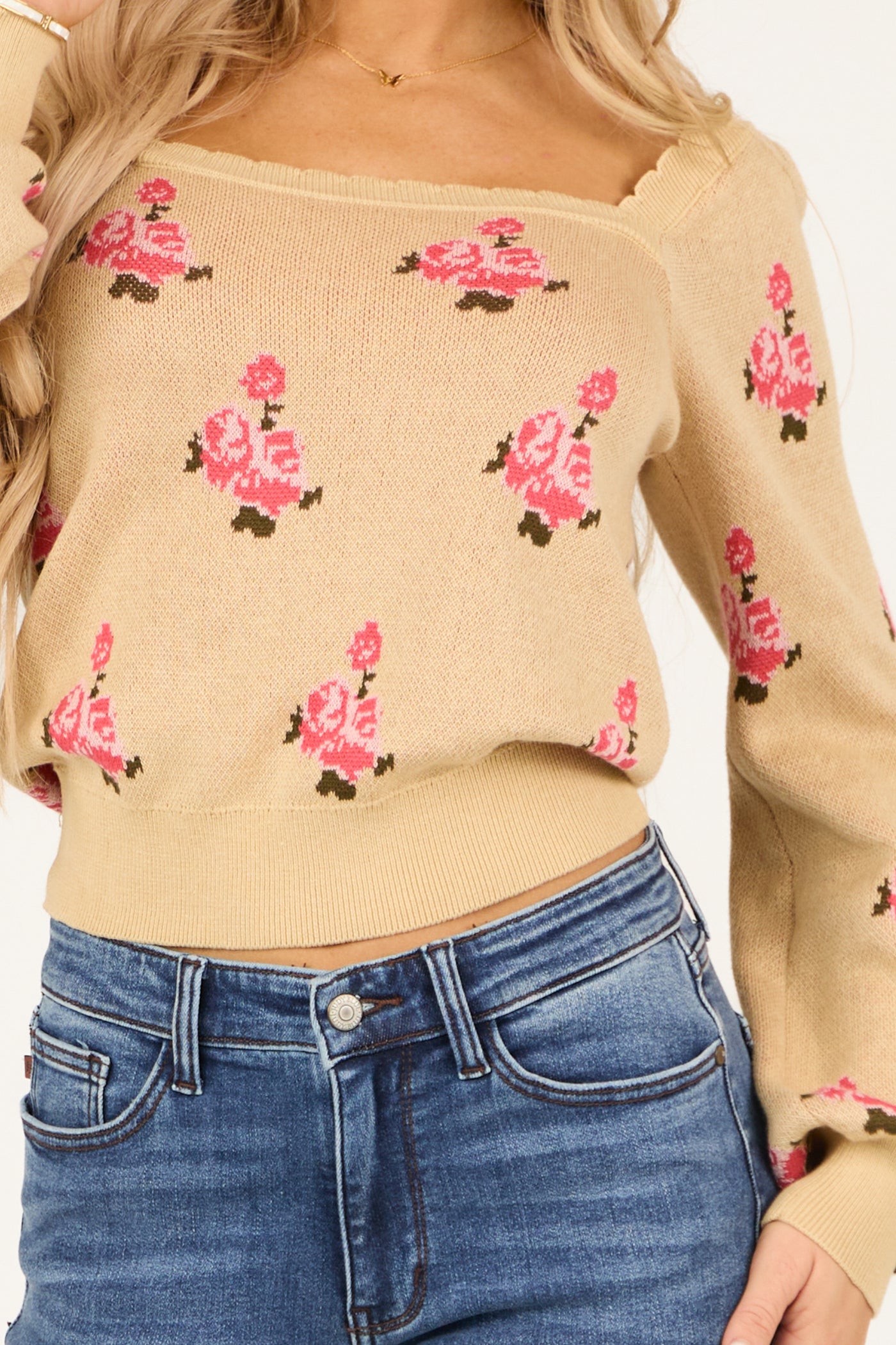 Sand Floral Print Long Sleeve Scalloped Sweater