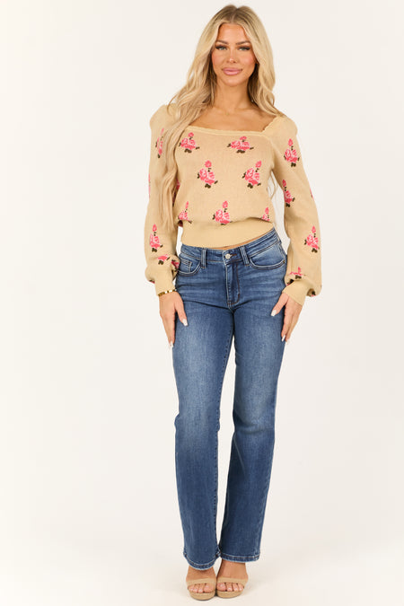 Sand Floral Print Long Sleeve Scalloped Sweater