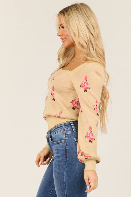 Sand Floral Print Long Sleeve Scalloped Sweater