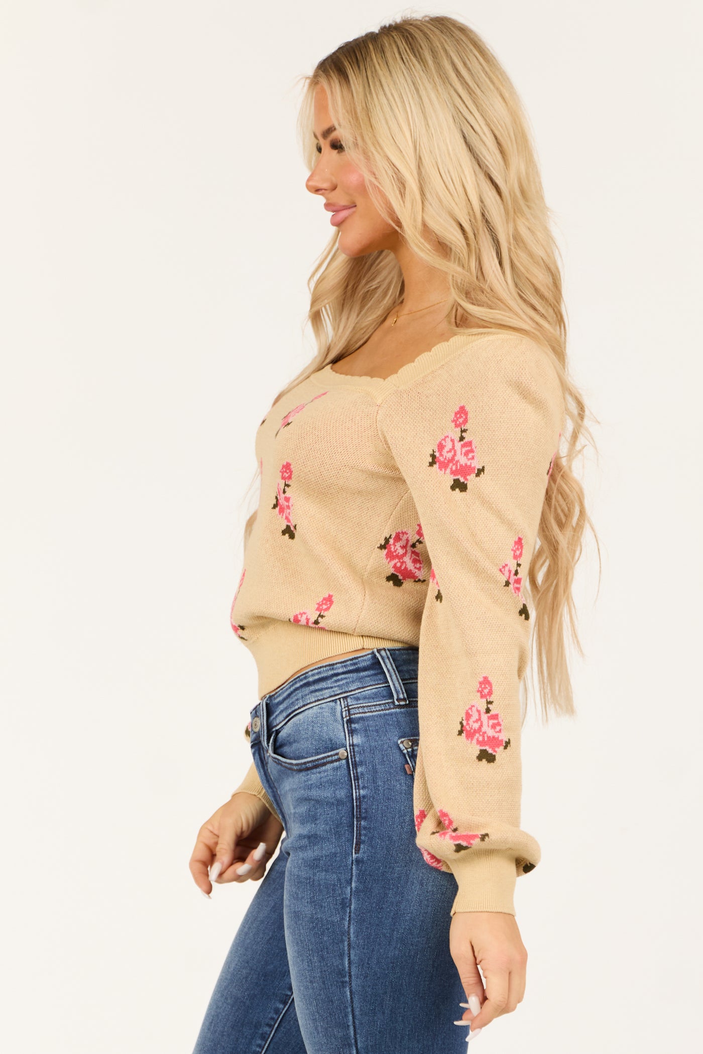 Sand Floral Print Long Sleeve Scalloped Sweater