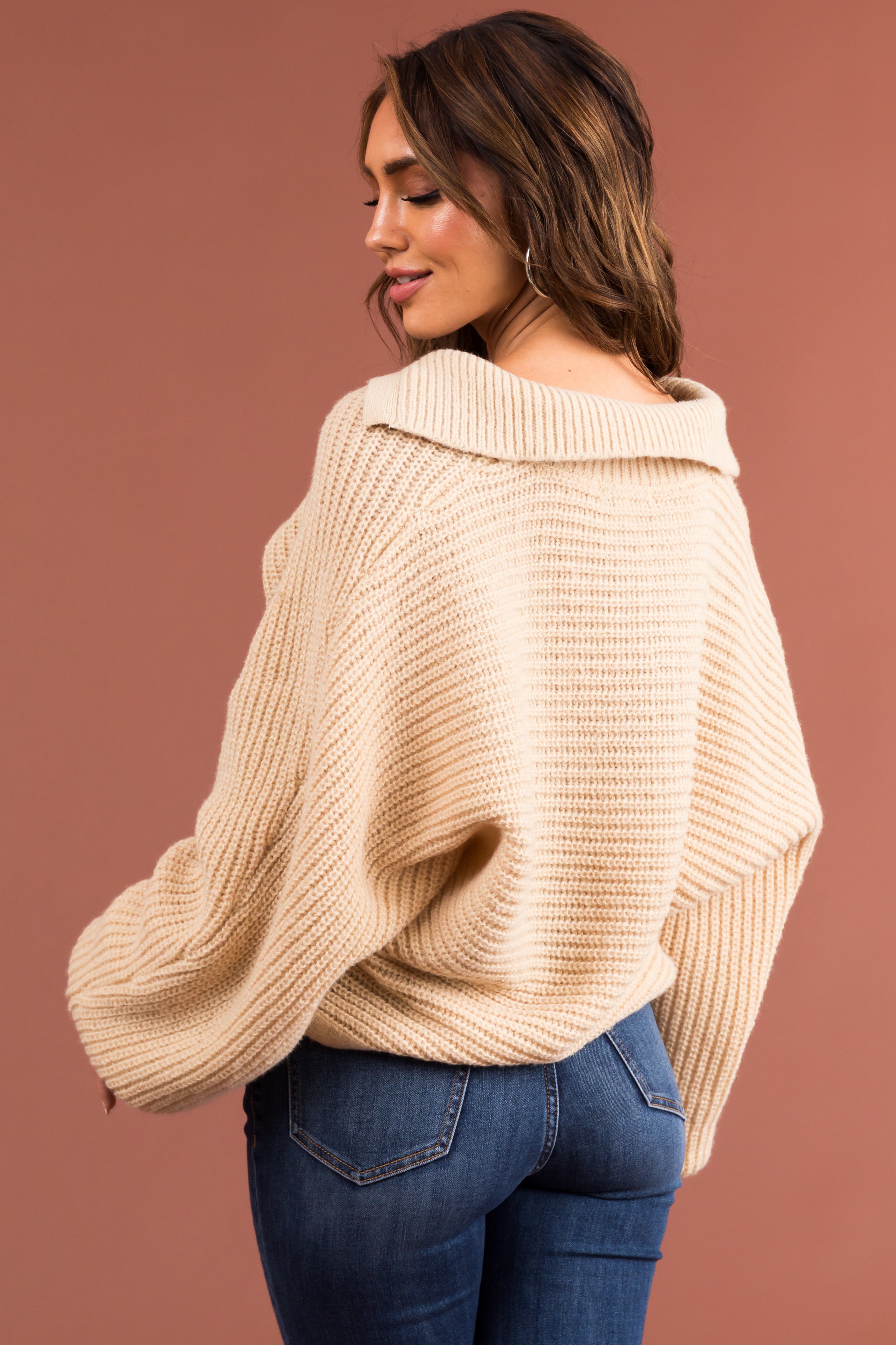 Sand High Collar V Neck Thick Knit Sweater