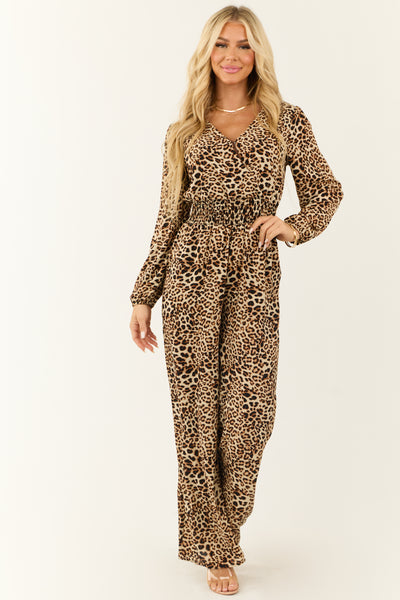 Sand Leopard Print Long Sleeve Smocked Waist Jumpsuit