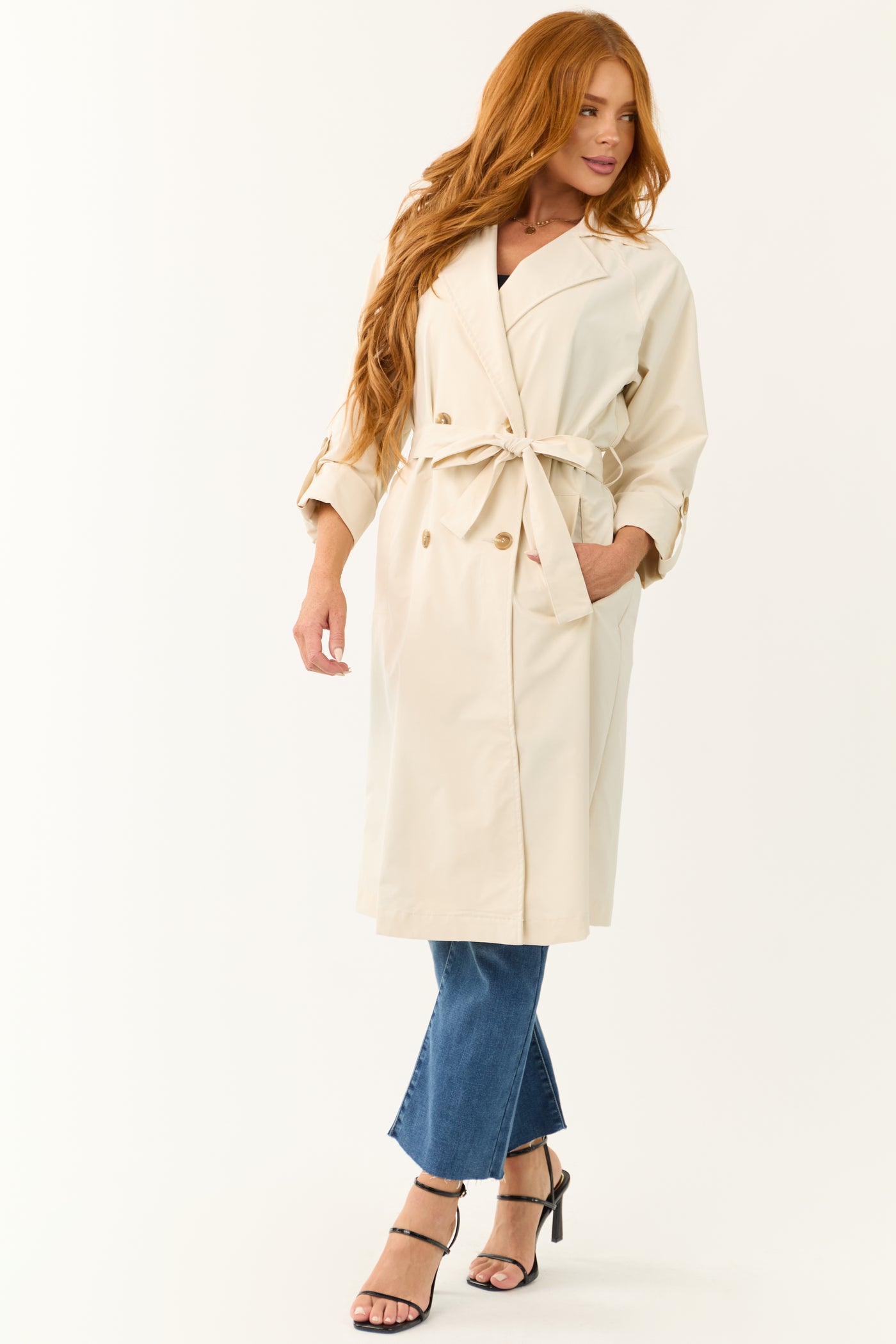 Sand Long Sleeve Belted Collared Trench Coat