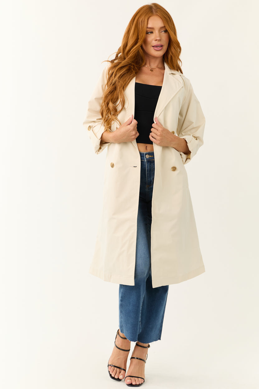 Sand Long Sleeve Belted Collared Trench Coat