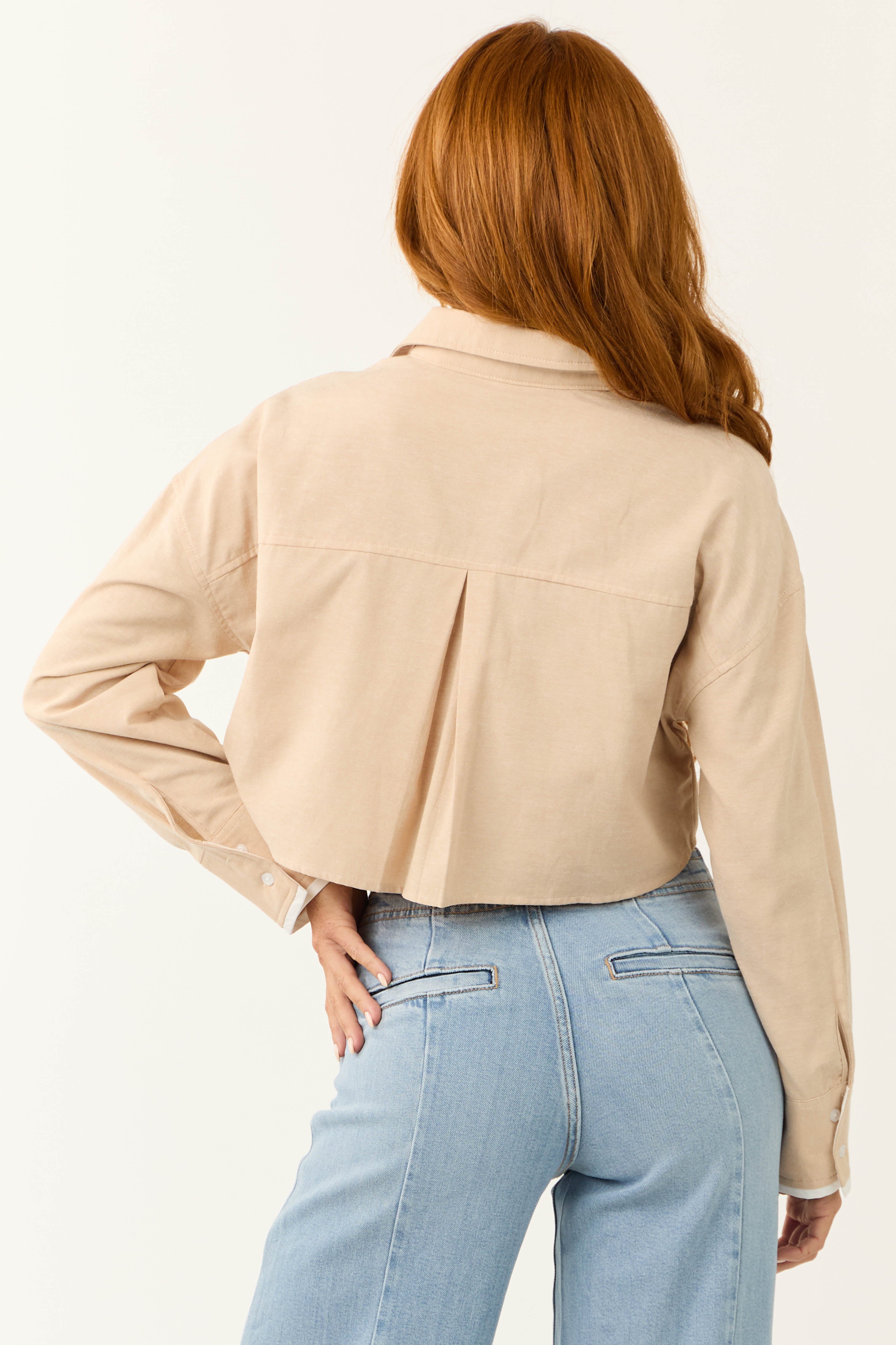 Sand Long Sleeve Button Down Cropped Top