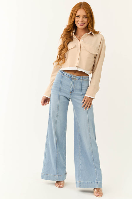 Sand Long Sleeve Button Down Cropped Top