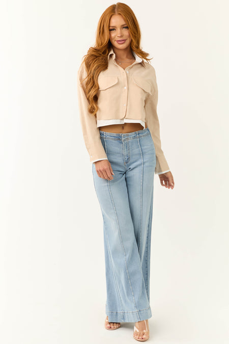 Sand Long Sleeve Button Down Cropped Top