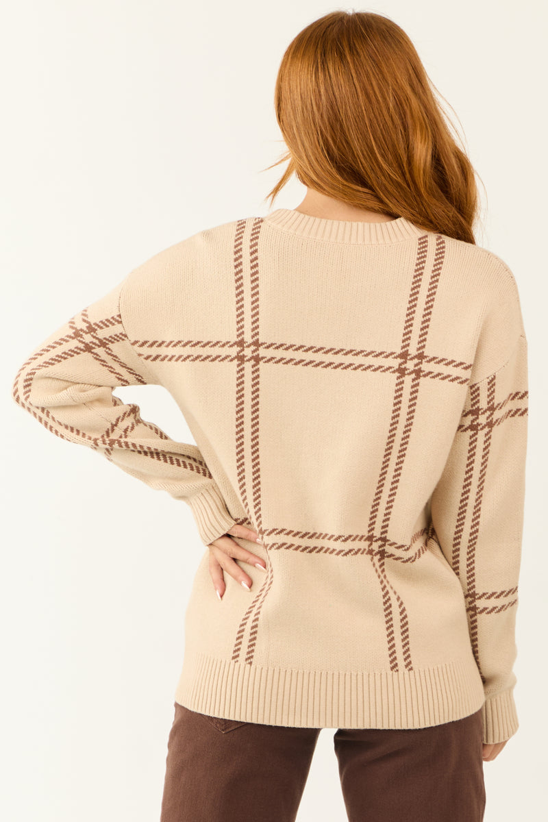 Sand Plaid Print Long Sleeve Sweater