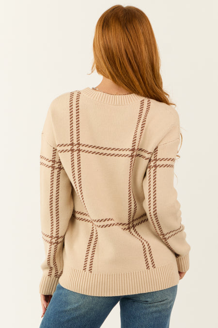 Sand Plaid Print Long Sleeve Sweater