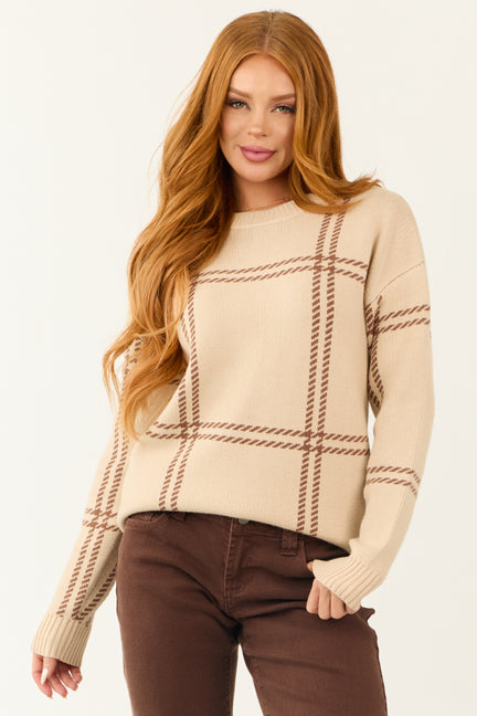 Sand Plaid Print Long Sleeve Sweater