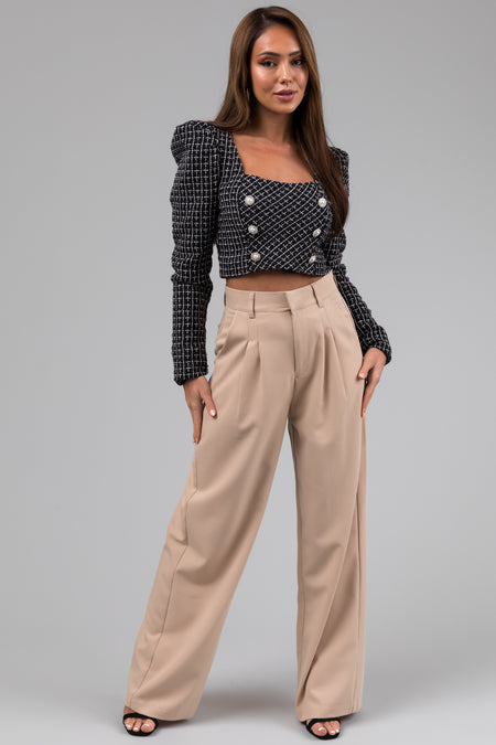 Sand Pleated High Waisted Wide Leg Pants