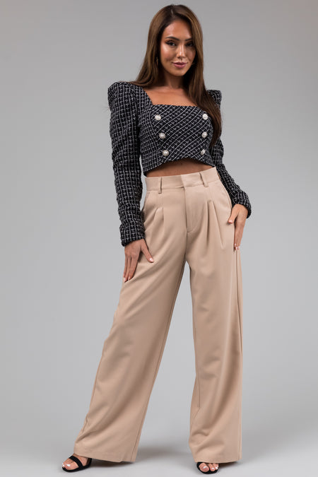 Sand Pleated High Waisted Wide Leg Pants