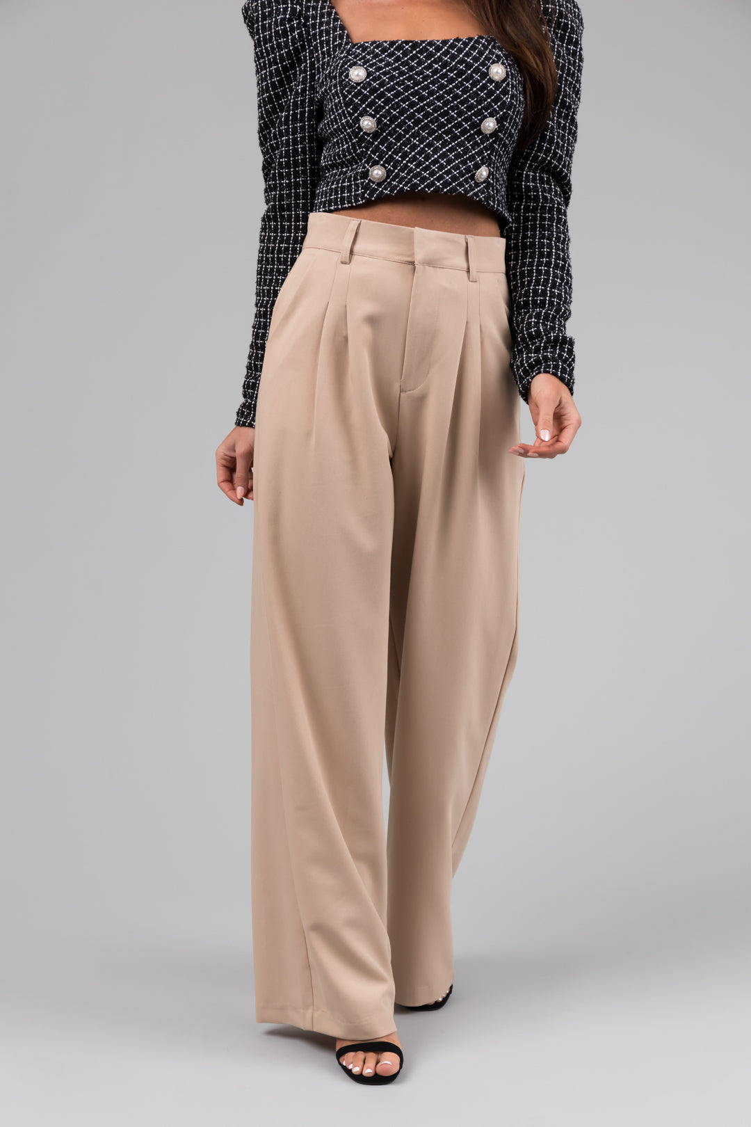 Sand Pleated High Waisted Wide Leg Pants