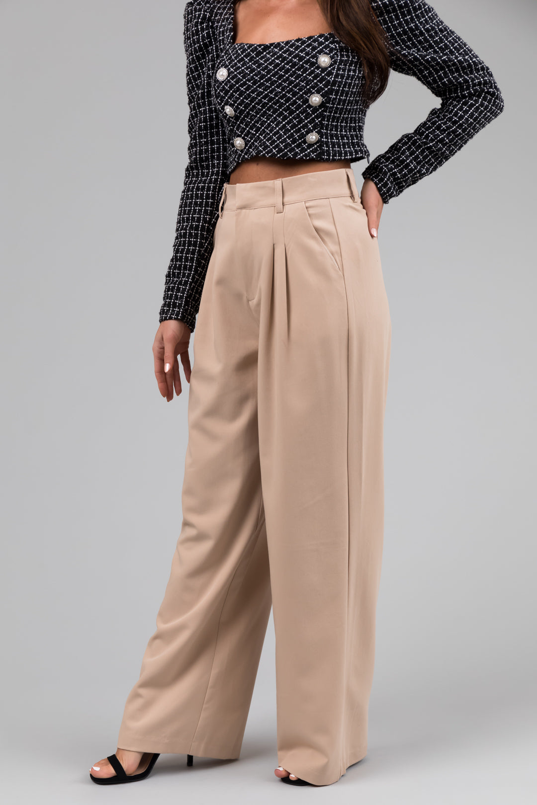 Sand Pleated High Waisted Wide Leg Pants