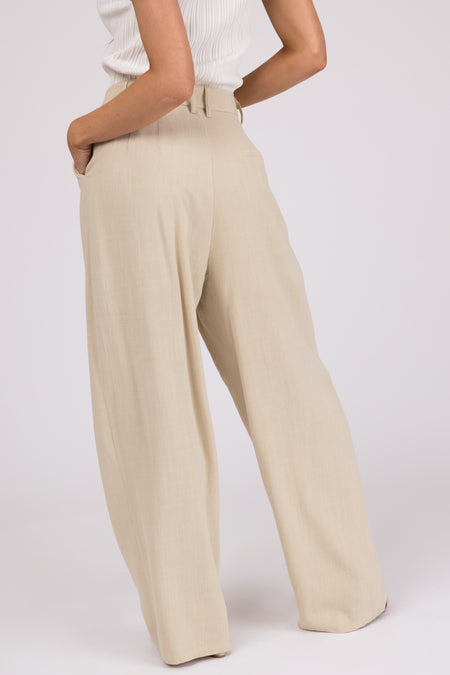 Sand Pleated Wide Leg Linen Blend Pants