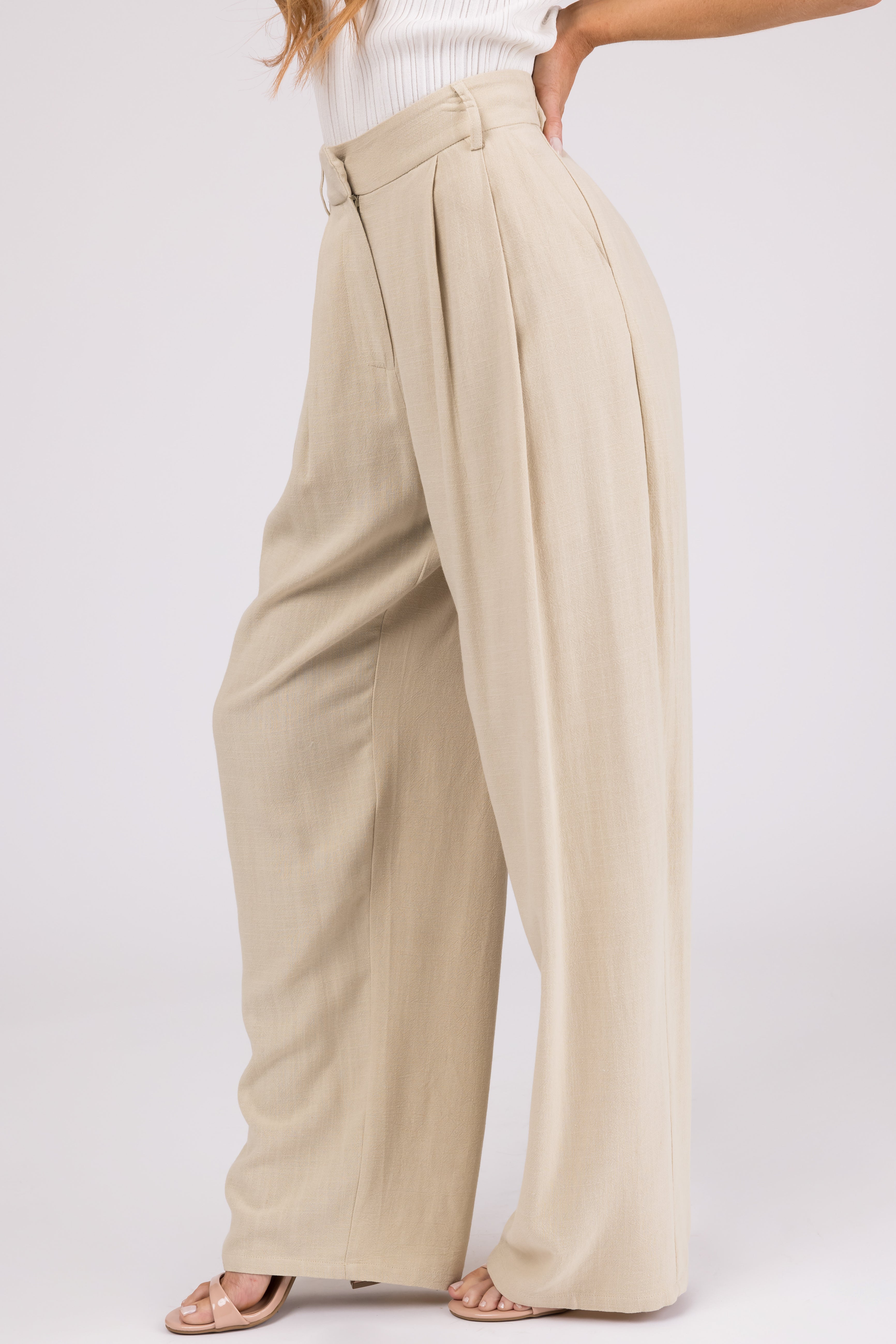 Sand Pleated Wide Leg Linen Blend Pants