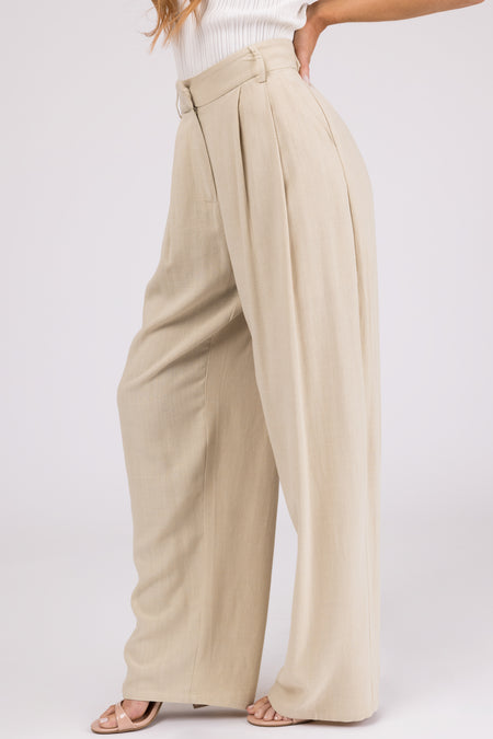 Sand Pleated Wide Leg Linen Blend Pants