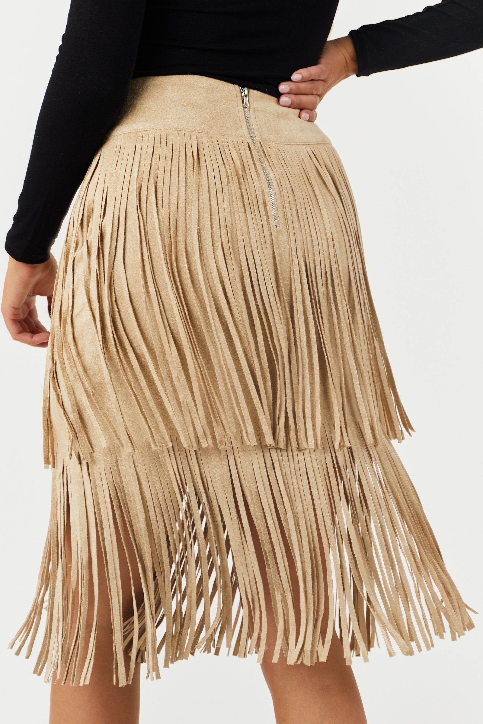 Sand Suede Tiered Fringe Skirt