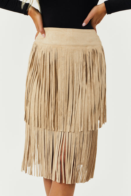 Sand Suede Tiered Fringe Skirt