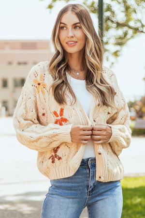 Sand Button Down Floral Embroidered Cardigan