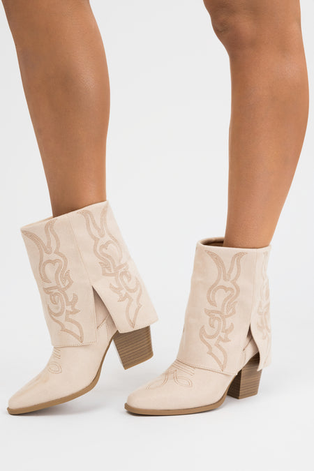 Sand Faux Suede Fold Over Western Boots