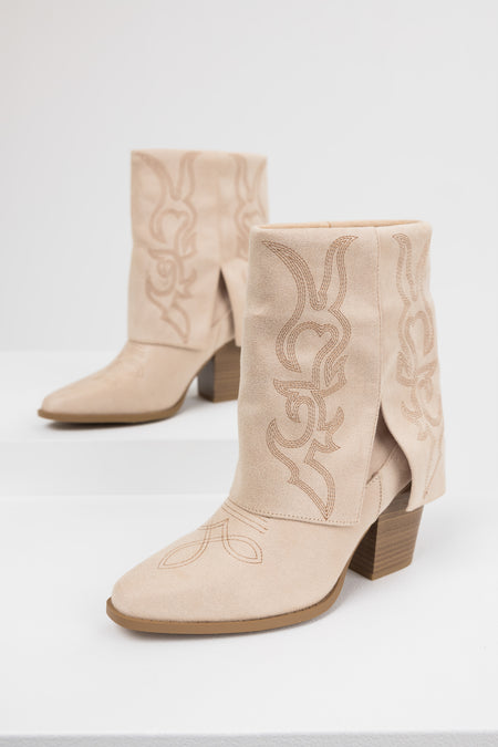 Sand Faux Suede Fold Over Western Boots