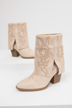 Sand Faux Suede Fold Over Western Boots