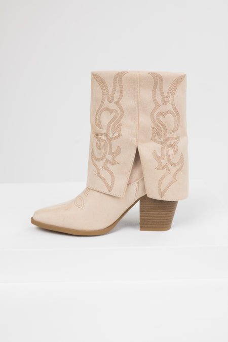 Sand Faux Suede Fold Over Western Boots