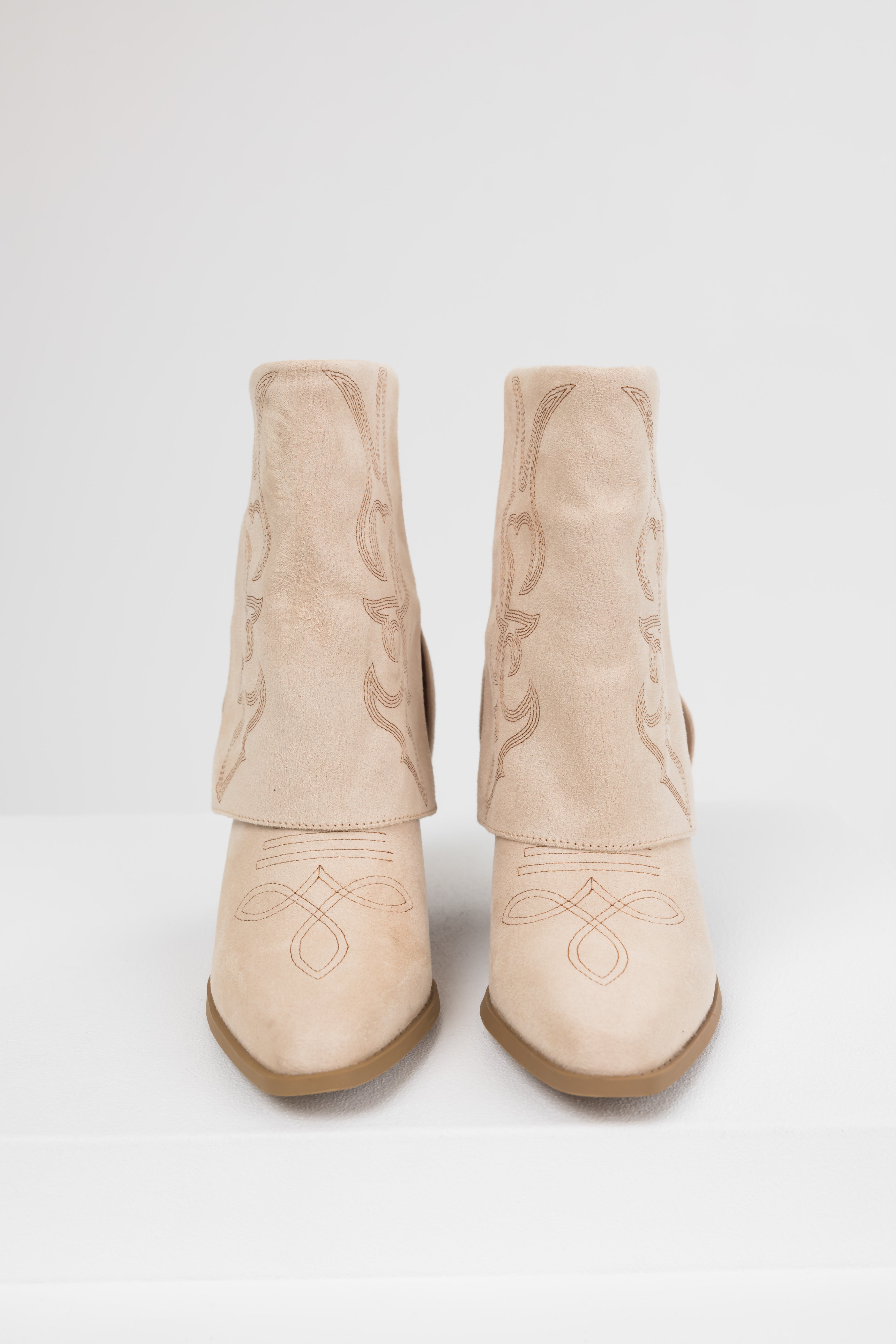 Sand Faux Suede Fold Over Western Boots