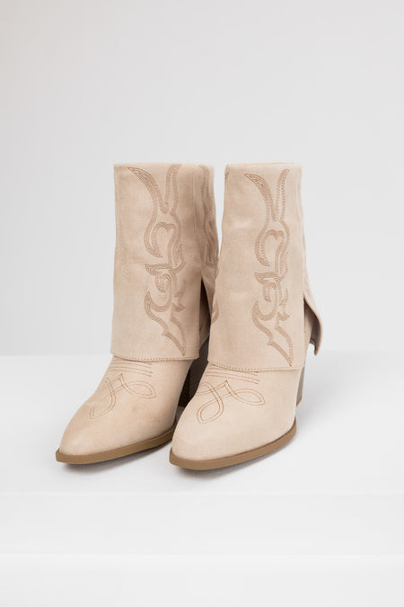 Sand Faux Suede Fold Over Western Boots