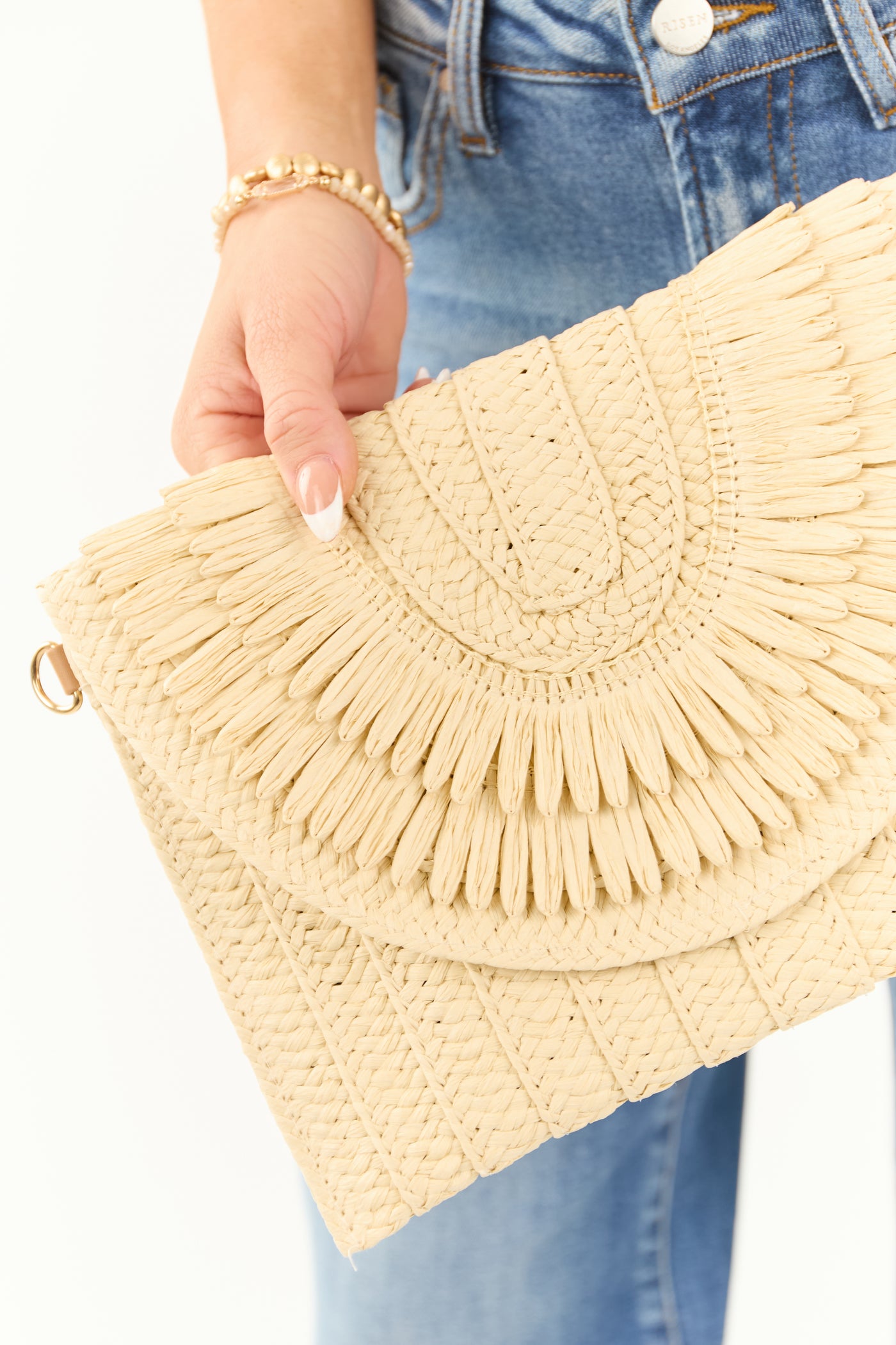 Sand Layered Fringe Braided Envelope Clutch