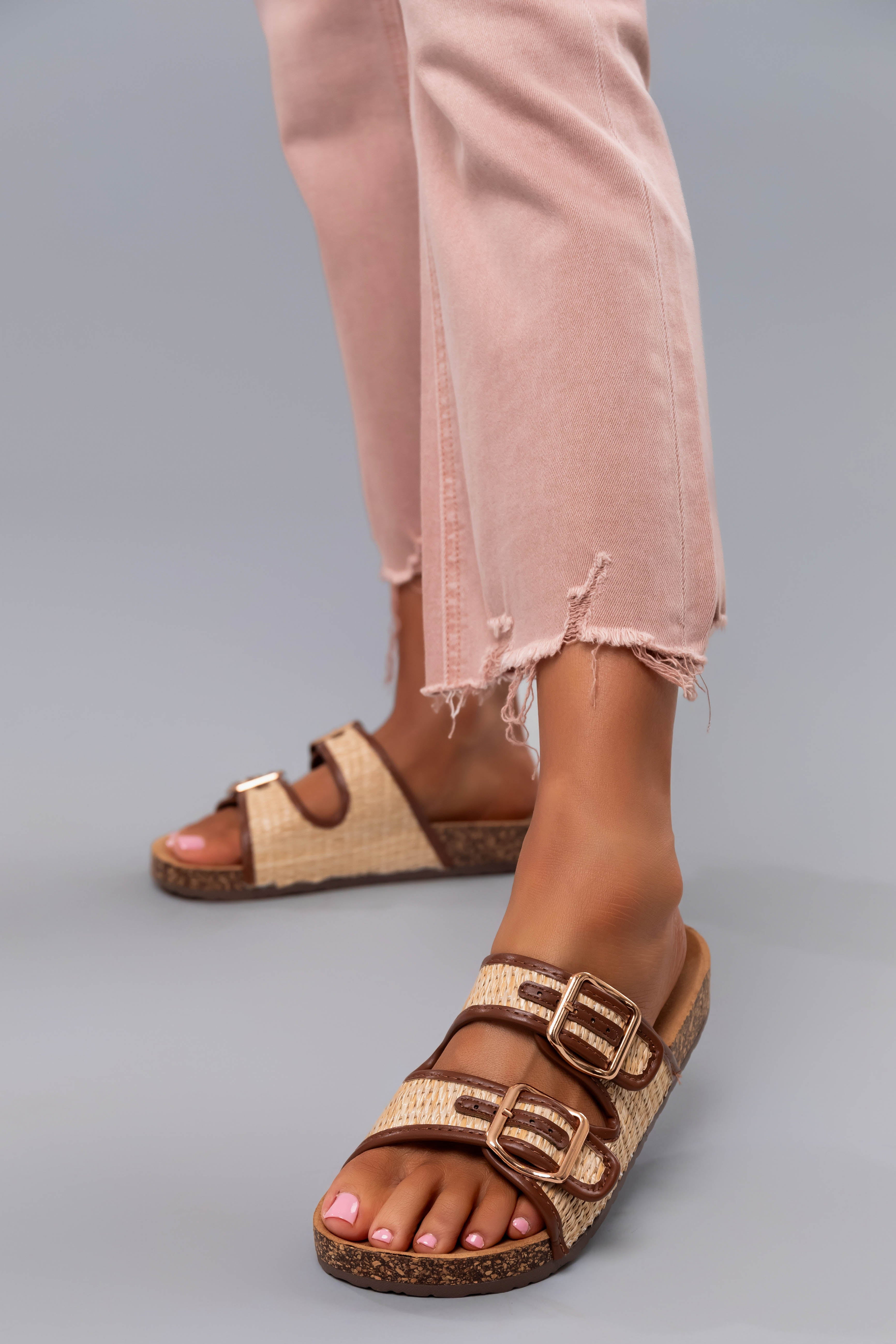 Sand Raffia Woven Cork Slide Sandals