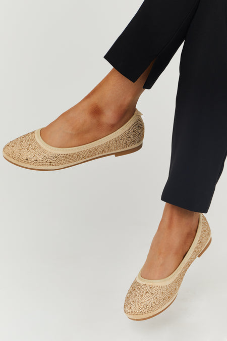 Sand Rhinestone Suede Ballet Flats