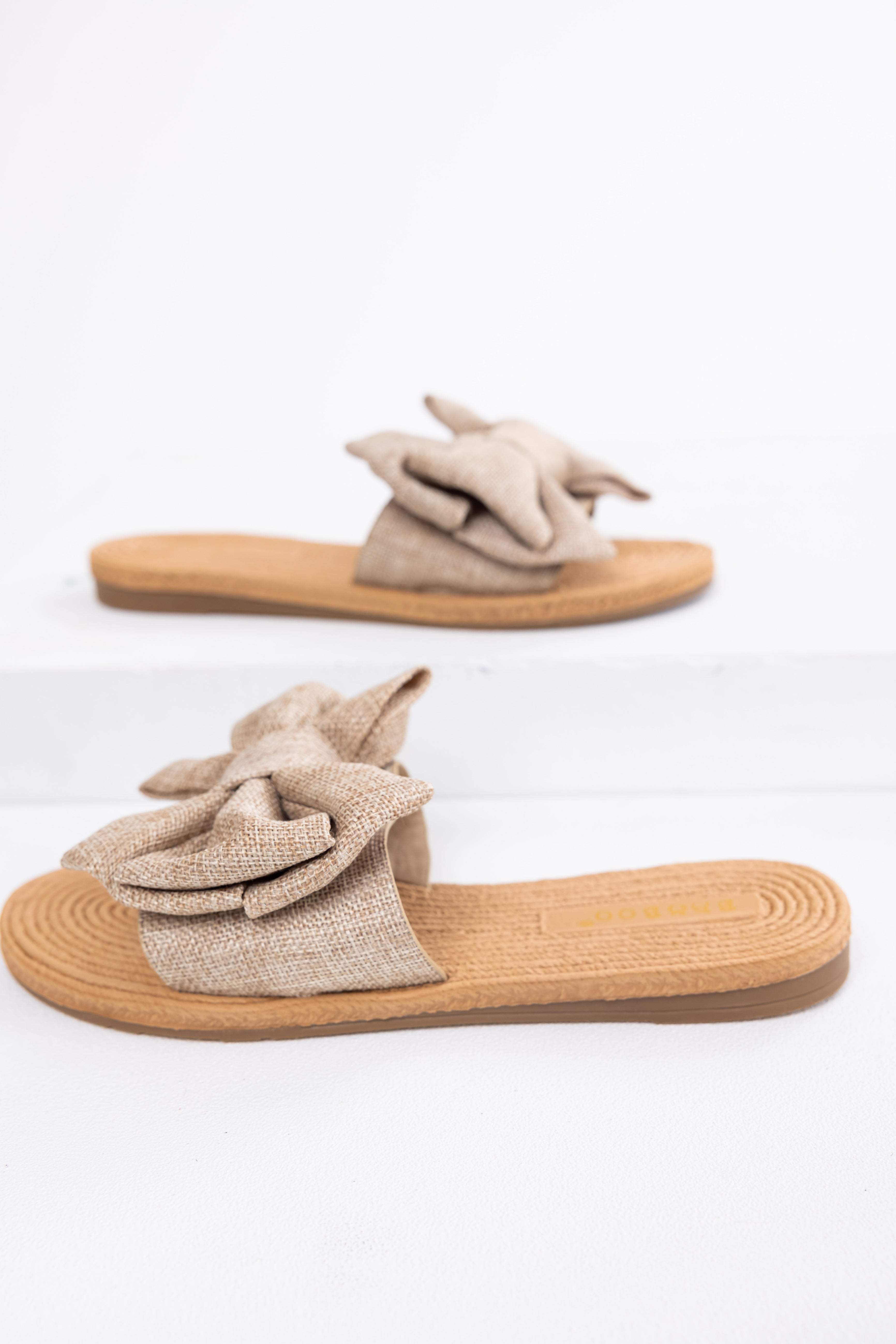 Sand Woven Bow Slide On Sandals