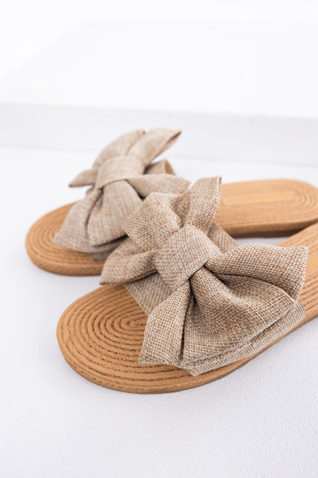 Sand Woven Bow Slide On Sandals