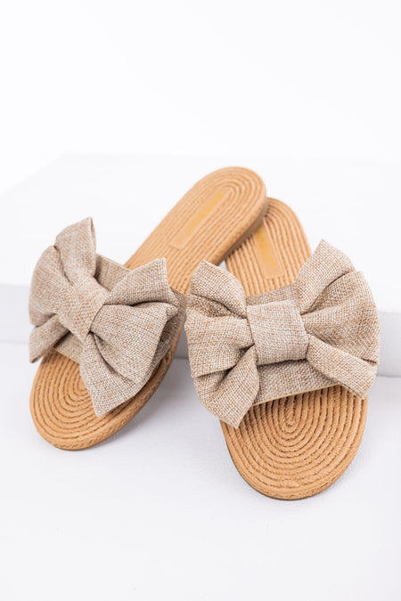 Sand Woven Bow Slide On Sandals