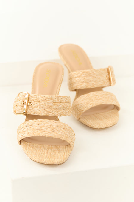 Sand Woven Double Strap Open Toed Heels