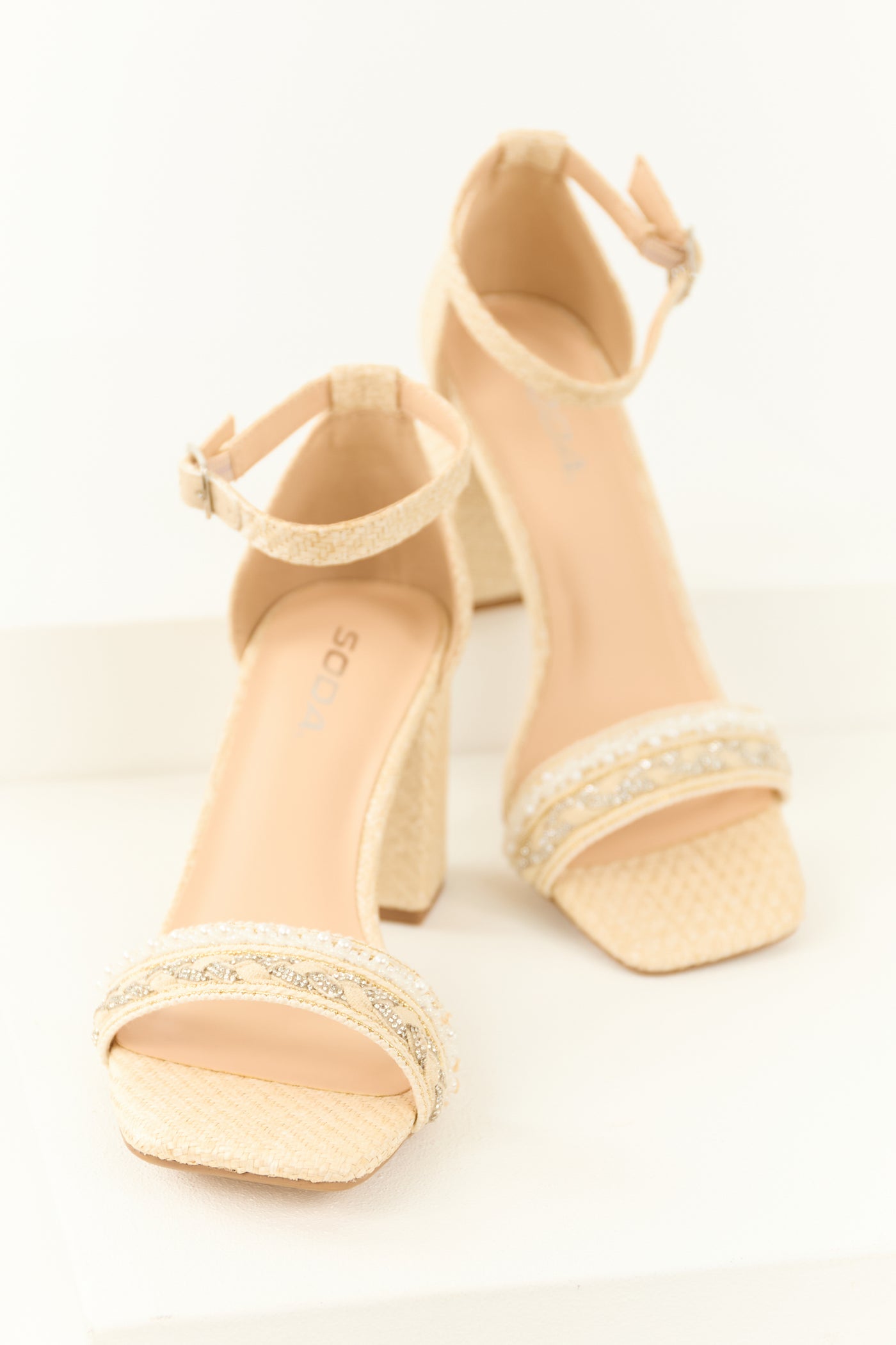 Sand Woven Open Square Toed Rhinestone Heels