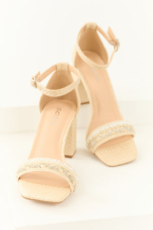 Sand Woven Open Square Toed Rhinestone Heels