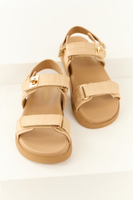 Sand Woven Open Toed Velcro Strap Sandals