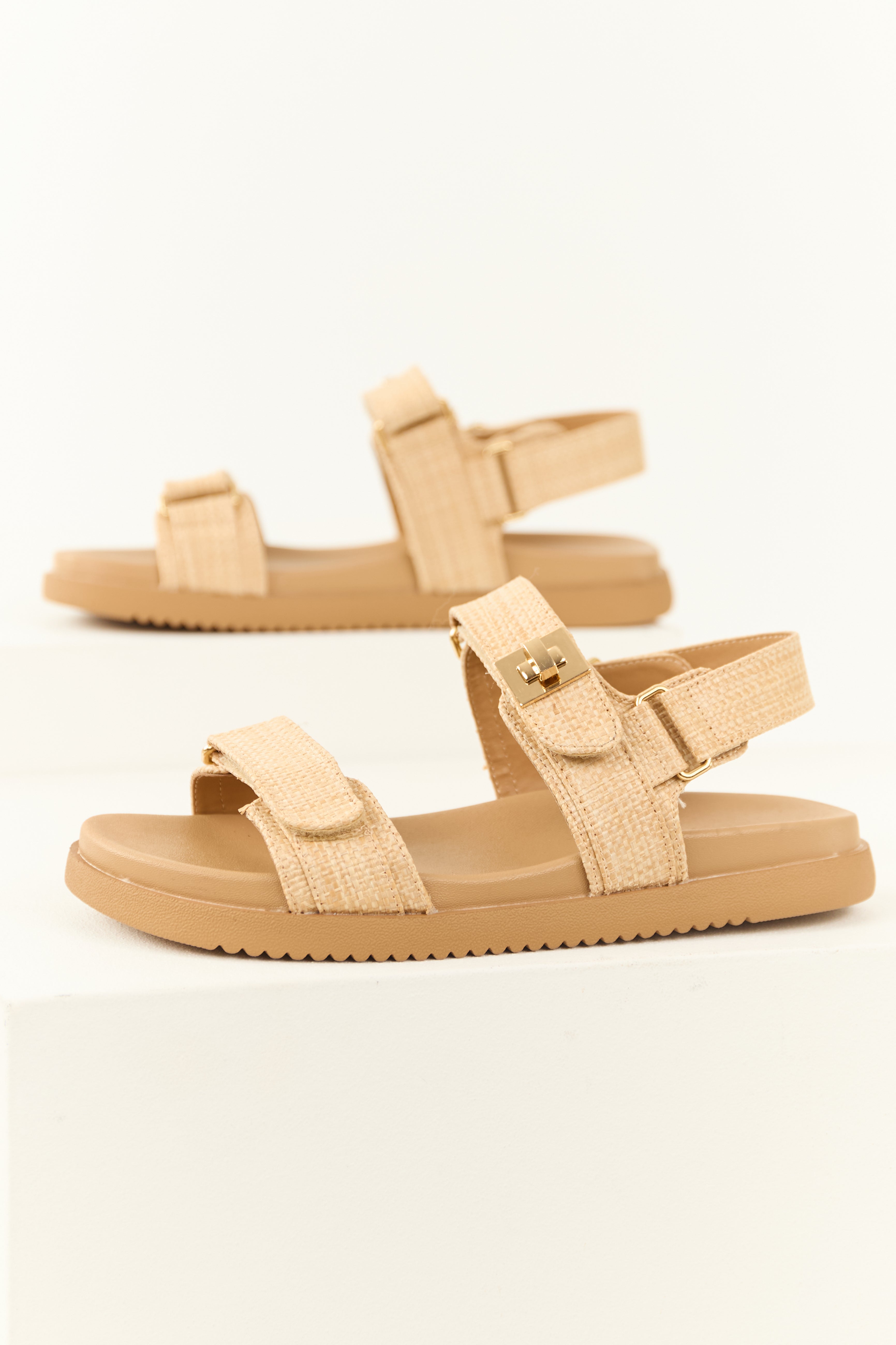 Sand Woven Open Toed Velcro Strap Sandals