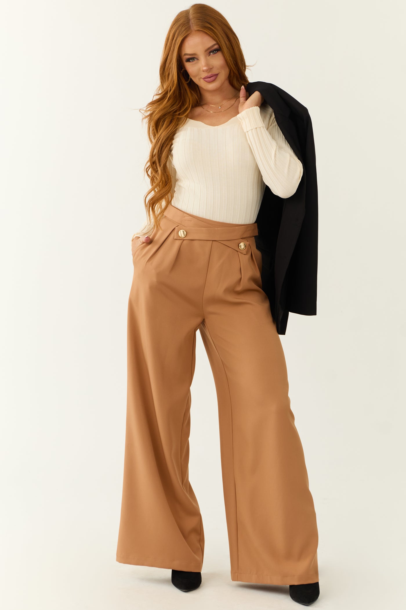 Sandstone Criss Cross Button Wide Leg Pants