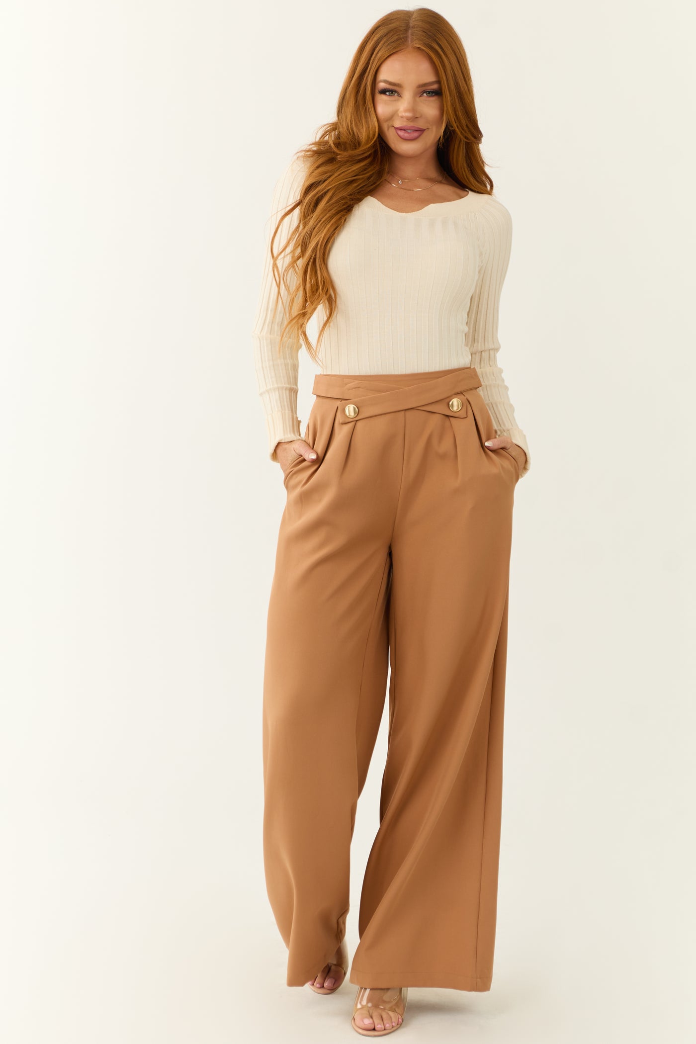 Sandstone Criss Cross Button Wide Leg Pants