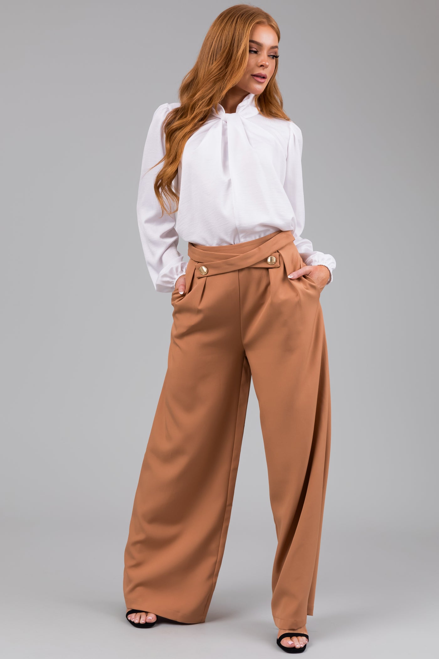 Sandstone Criss Cross Button Wide Leg Pants