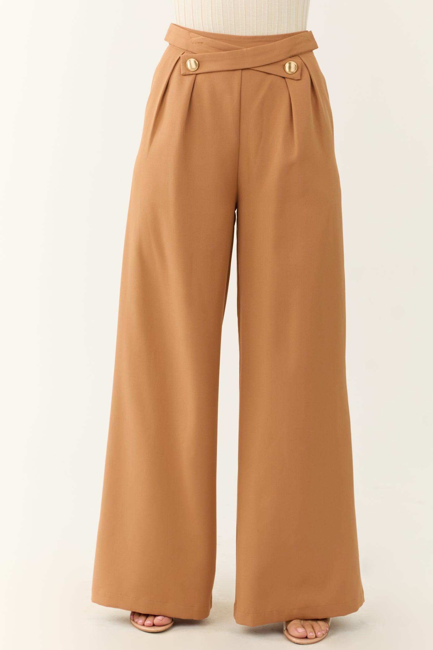 Sandstone Criss Cross Button Wide Leg Pants