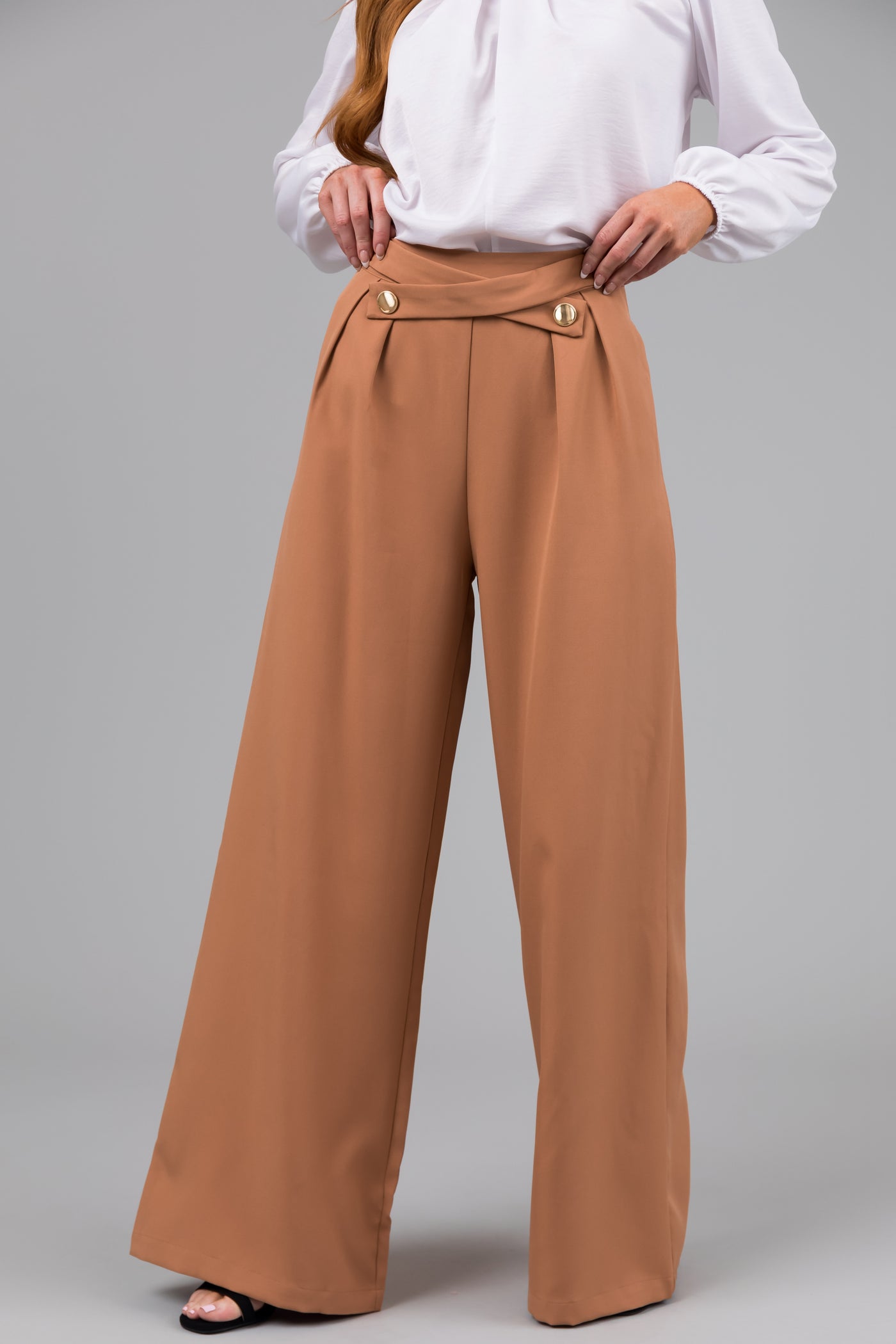 Sandstone Criss Cross Button Wide Leg Pants